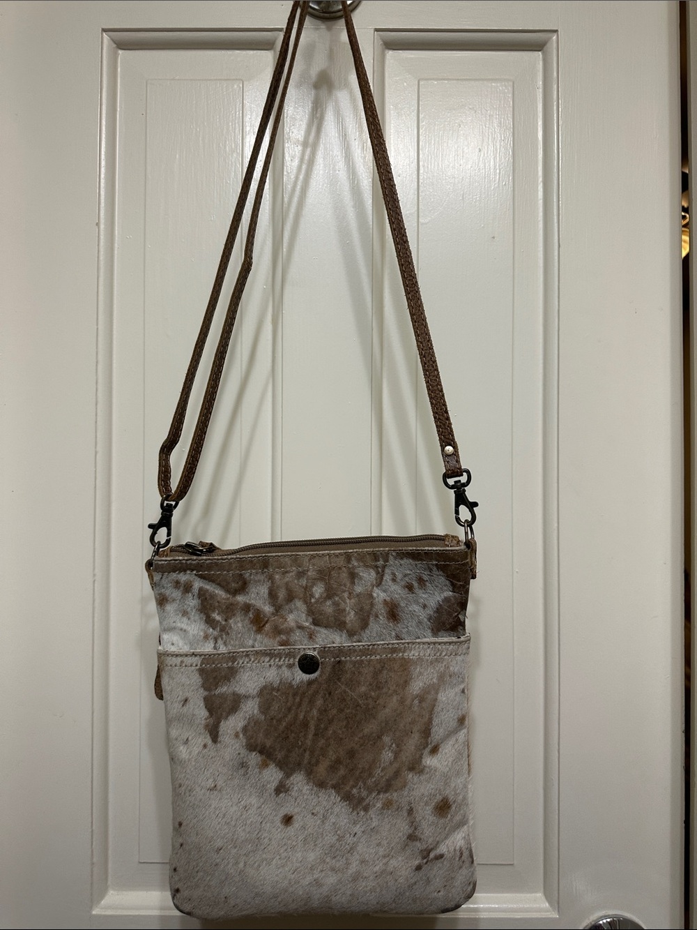 Spotted Cowhide Crossbody with Brown Leather Strap
